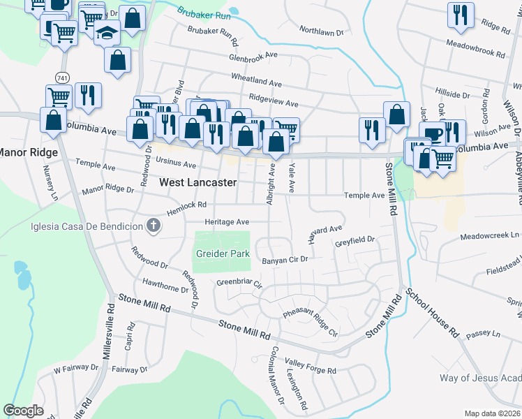 map of restaurants, bars, coffee shops, grocery stores, and more near 1733 Heritage Avenue in Lancaster