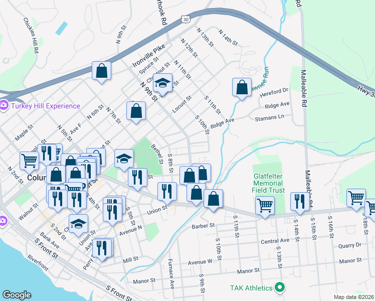 map of restaurants, bars, coffee shops, grocery stores, and more near 834 Houston Street in Columbia