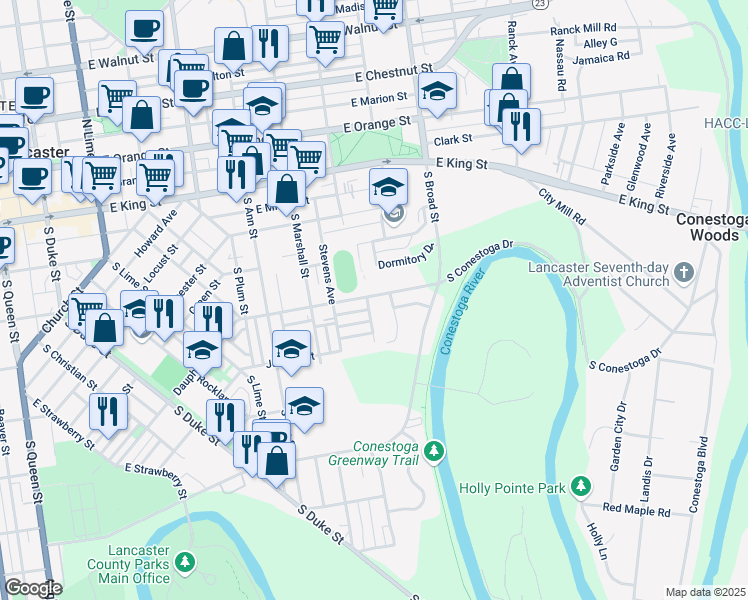 map of restaurants, bars, coffee shops, grocery stores, and more near 301 South Franklin Street in Lancaster