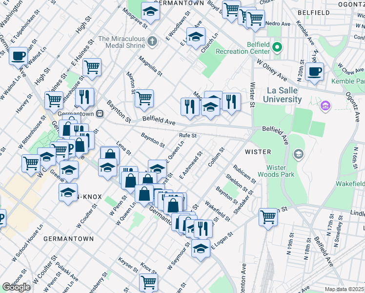 map of restaurants, bars, coffee shops, grocery stores, and more near 276 East Queen Lane in Philadelphia