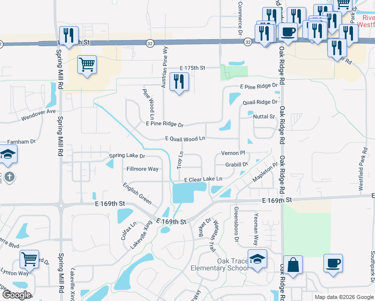 map of restaurants, bars, coffee shops, grocery stores, and more near 17078 Newberry Lane in Westfield