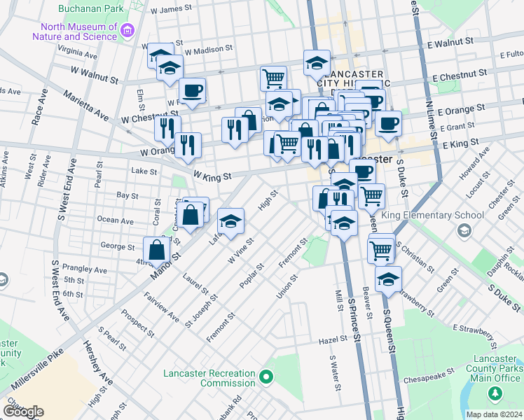 map of restaurants, bars, coffee shops, grocery stores, and more near 440 High Street in Lancaster