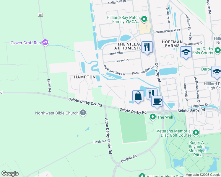 map of restaurants, bars, coffee shops, grocery stores, and more near 4170 Green Clover Drive in Hilliard