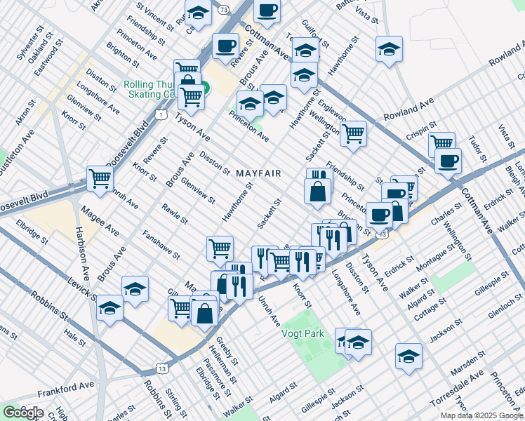 map of restaurants, bars, coffee shops, grocery stores, and more near 3149 Longshore Avenue in Philadelphia