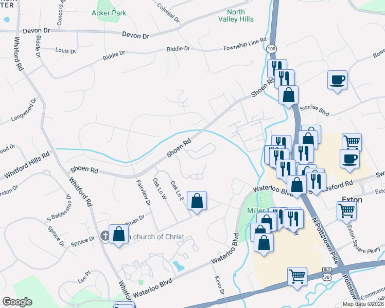 map of restaurants, bars, coffee shops, grocery stores, and more near 286 Fox Run in Exton