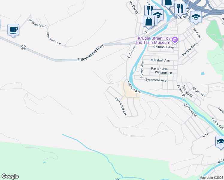 map of restaurants, bars, coffee shops, grocery stores, and more near 99 Fernwood Ave in Wheeling