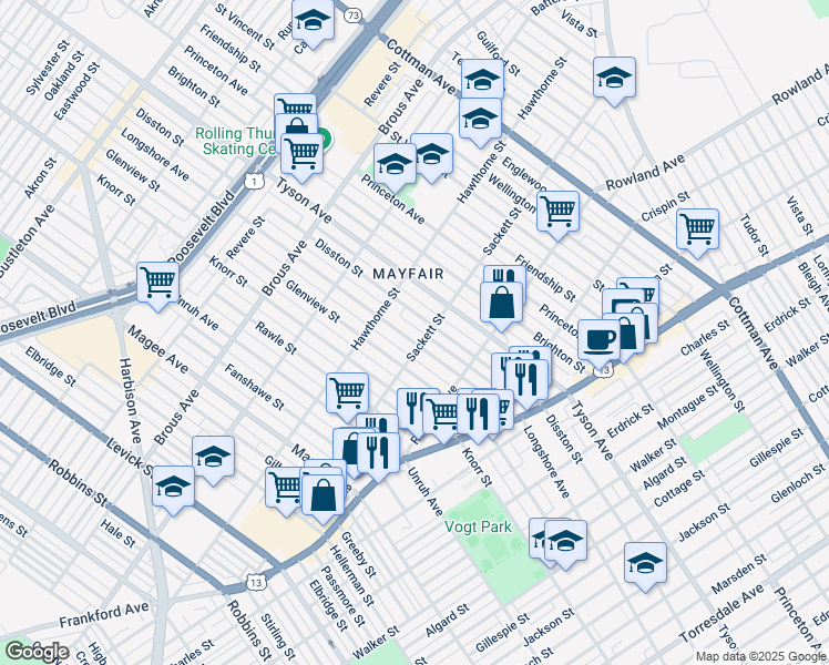 map of restaurants, bars, coffee shops, grocery stores, and more near 3149 Longshore Avenue in Philadelphia