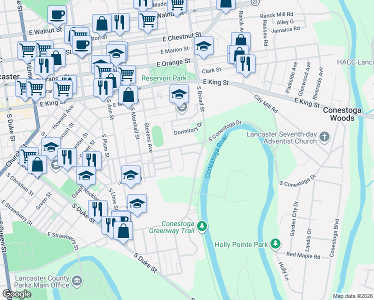 map of restaurants, bars, coffee shops, grocery stores, and more near 330 South Reservoir Street in Lancaster