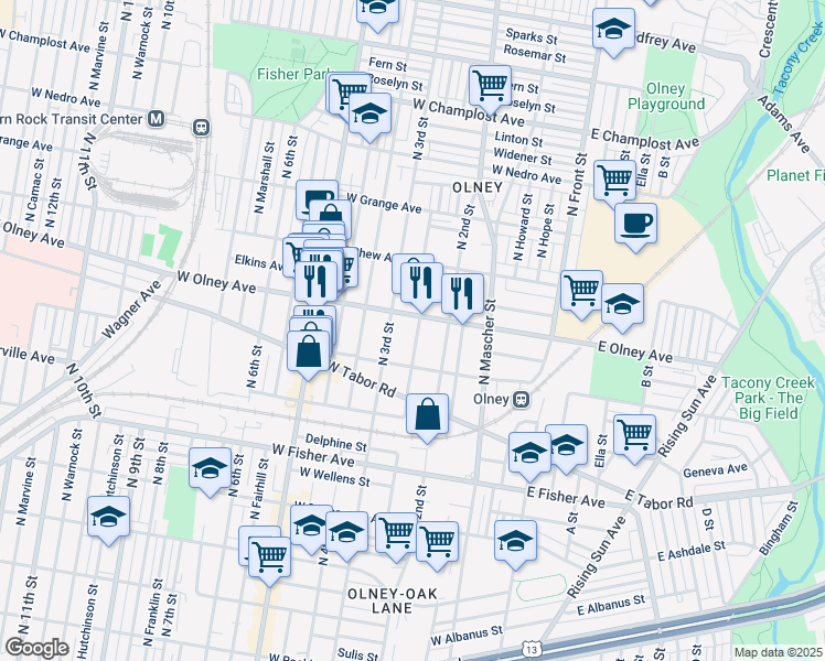 map of restaurants, bars, coffee shops, grocery stores, and more near 5534 North American Street in Philadelphia