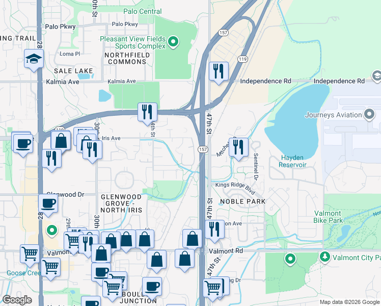 map of restaurants, bars, coffee shops, grocery stores, and more near 3865 Talisman Place in Boulder