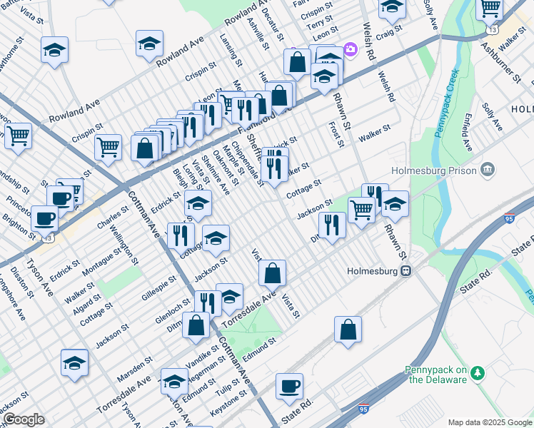map of restaurants, bars, coffee shops, grocery stores, and more near 4501 Marple Street in Philadelphia