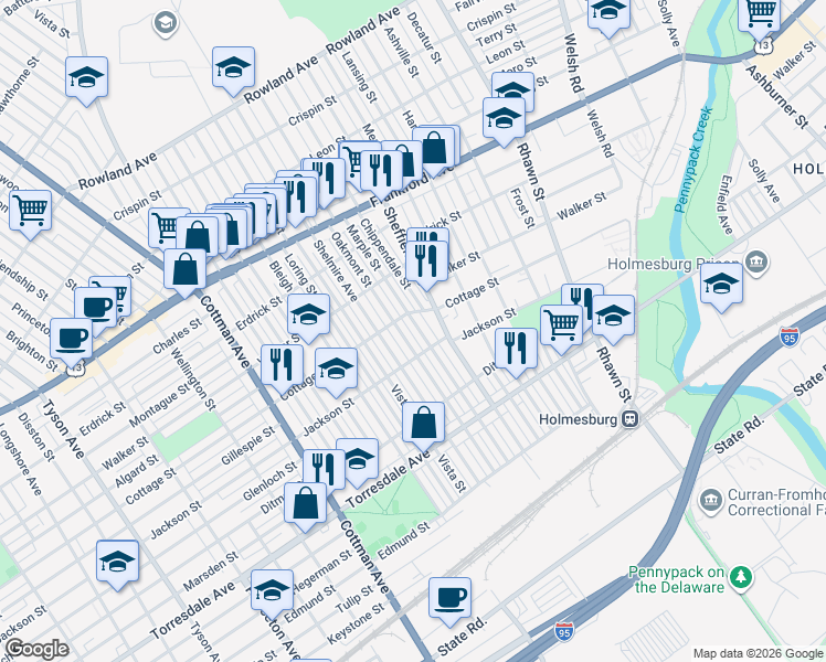 map of restaurants, bars, coffee shops, grocery stores, and more near 4425 Shelmire Avenue in Philadelphia