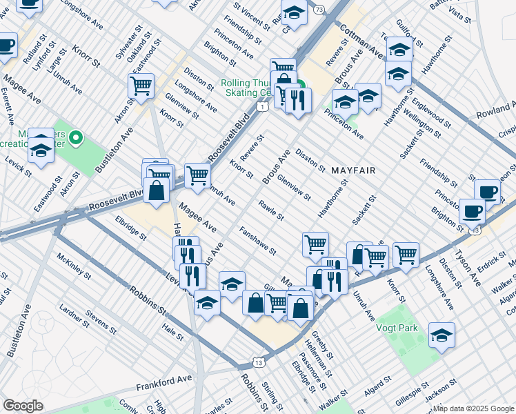 map of restaurants, bars, coffee shops, grocery stores, and more near 2910 Rawle Street in Philadelphia