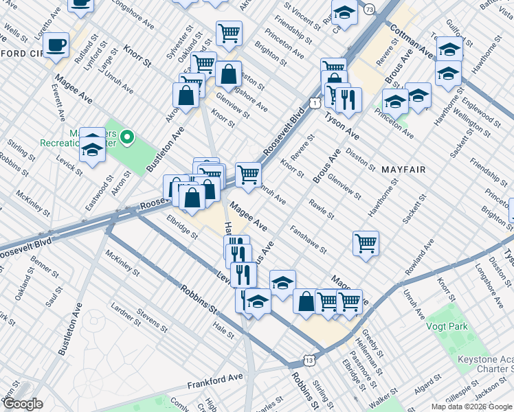 map of restaurants, bars, coffee shops, grocery stores, and more near 2814 Fanshawe Street in Philadelphia