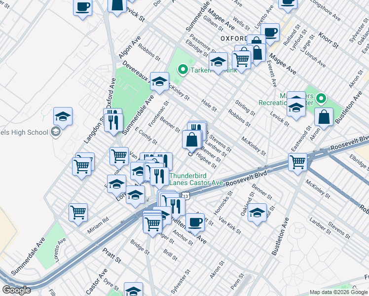 map of restaurants, bars, coffee shops, grocery stores, and more near 6005 Alma Street in Philadelphia