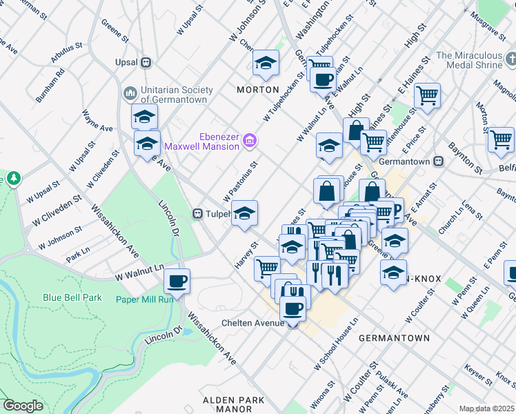map of restaurants, bars, coffee shops, grocery stores, and more near 6015 Wayne Avenue in Philadelphia