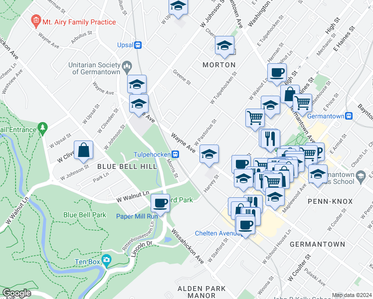 map of restaurants, bars, coffee shops, grocery stores, and more near 6152 Wayne Avenue in Philadelphia