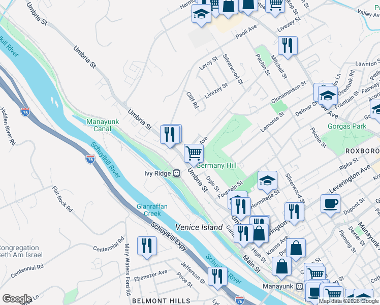 map of restaurants, bars, coffee shops, grocery stores, and more near 4901 Umbria Street in Philadelphia