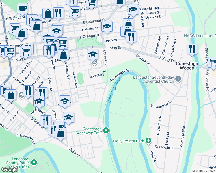 map of restaurants, bars, coffee shops, grocery stores, and more near 339 South Broad Street in Lancaster