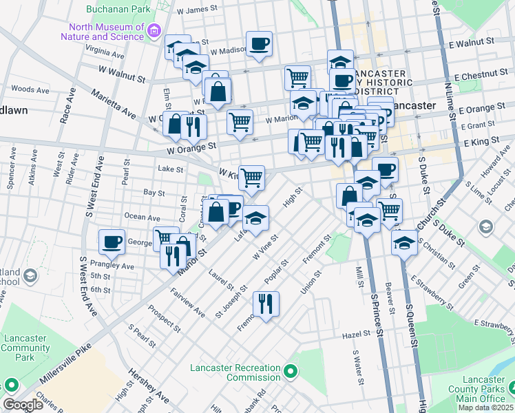 map of restaurants, bars, coffee shops, grocery stores, and more near 519 Lafayette Street in Lancaster