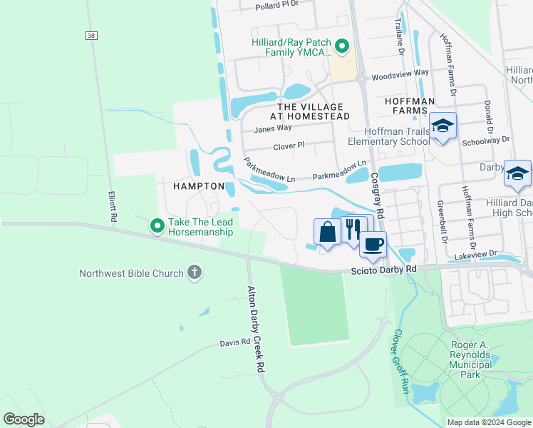 map of restaurants, bars, coffee shops, grocery stores, and more near 4167 Green Clover Drive in Hilliard