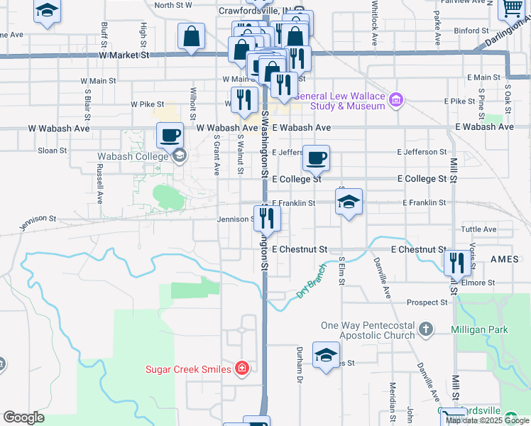 map of restaurants, bars, coffee shops, grocery stores, and more near 702 South Washington Street in Crawfordsville