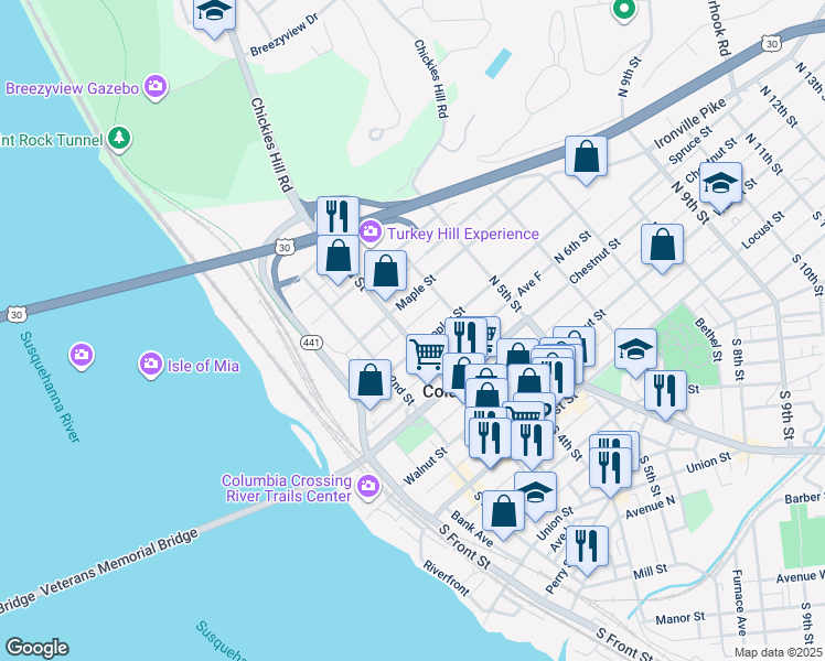 map of restaurants, bars, coffee shops, grocery stores, and more near 319 North 3rd Street in Columbia