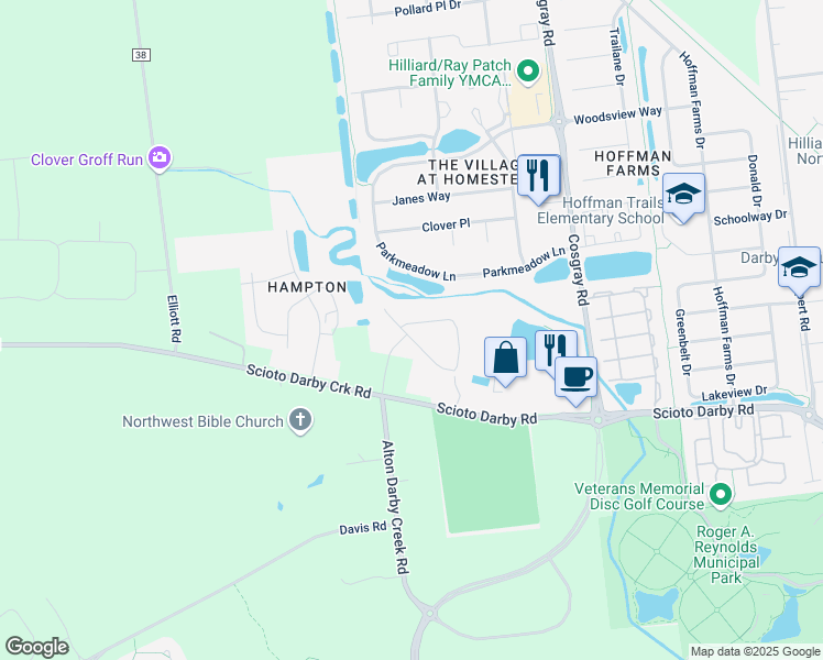 map of restaurants, bars, coffee shops, grocery stores, and more near 4167 Green Clover Drive in Hilliard