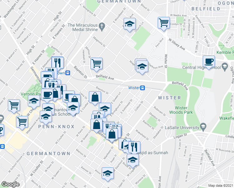 map of restaurants, bars, coffee shops, grocery stores, and more near 259 East Queen Lane in Philadelphia