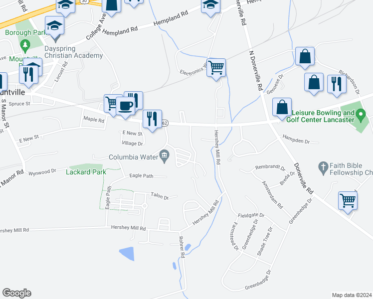 map of restaurants, bars, coffee shops, grocery stores, and more near 205 Linville Drive in Mountville