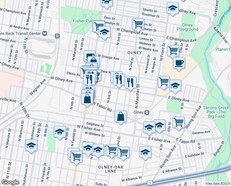 map of restaurants, bars, coffee shops, grocery stores, and more near 5534 North American Street in Philadelphia