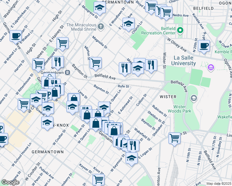 map of restaurants, bars, coffee shops, grocery stores, and more near 259 East Queen Lane in Philadelphia