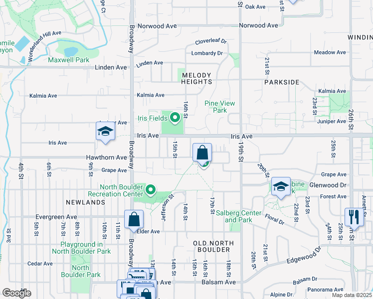 map of restaurants, bars, coffee shops, grocery stores, and more near 1575 Hawthorn Avenue in Boulder