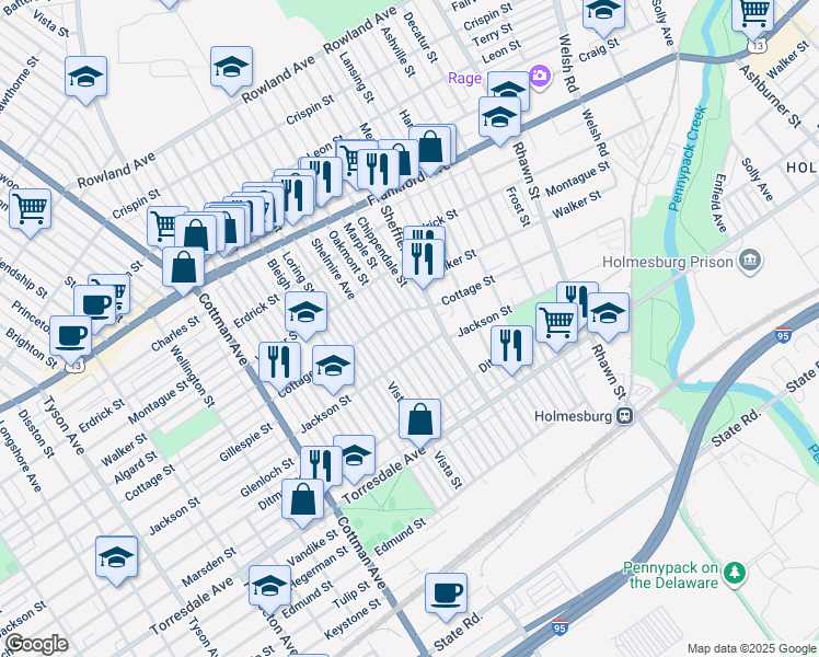 map of restaurants, bars, coffee shops, grocery stores, and more near 4416 Marple Street in Philadelphia