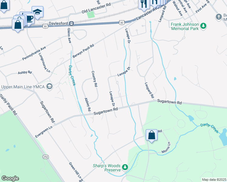 map of restaurants, bars, coffee shops, grocery stores, and more near 329 Lenape Drive in Berwyn