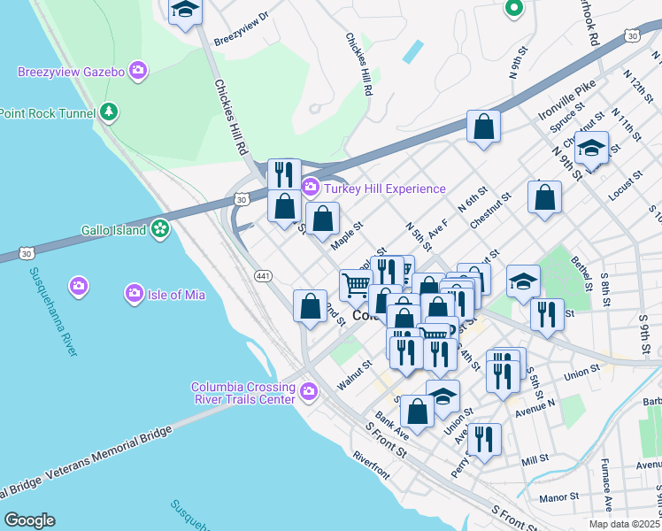 map of restaurants, bars, coffee shops, grocery stores, and more near 330 North 3rd Street in Columbia