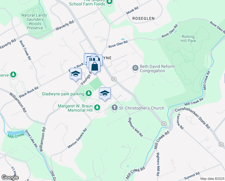 map of restaurants, bars, coffee shops, grocery stores, and more near 262 Righters Mill Road in Gladwyne