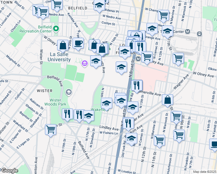 map of restaurants, bars, coffee shops, grocery stores, and more near 5368 North Sydenham Street in Philadelphia