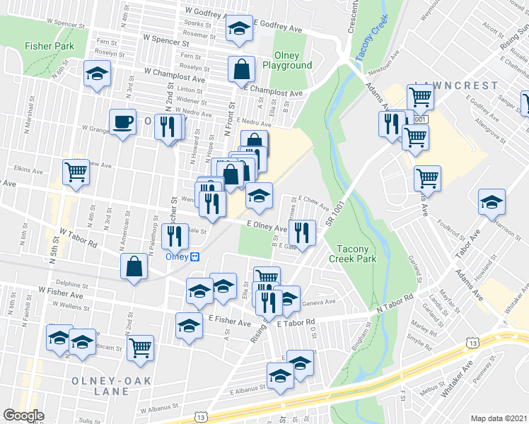 map of restaurants, bars, coffee shops, grocery stores, and more near 201R East Olney Avenue in Philadelphia