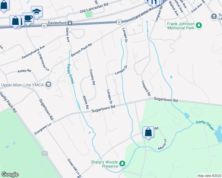 map of restaurants, bars, coffee shops, grocery stores, and more near 329 Lenape Drive in Berwyn