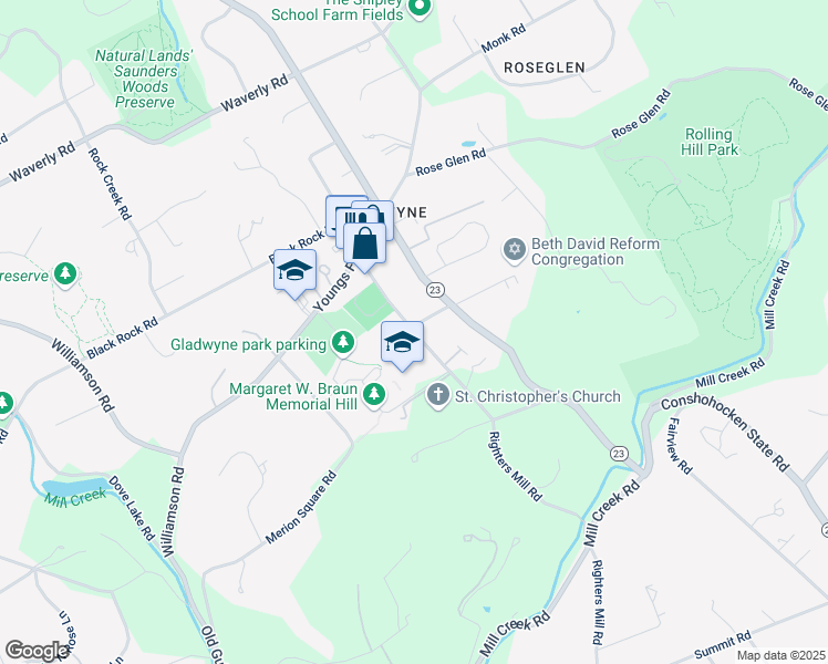 map of restaurants, bars, coffee shops, grocery stores, and more near 262 Righters Mill Road in Gladwyne