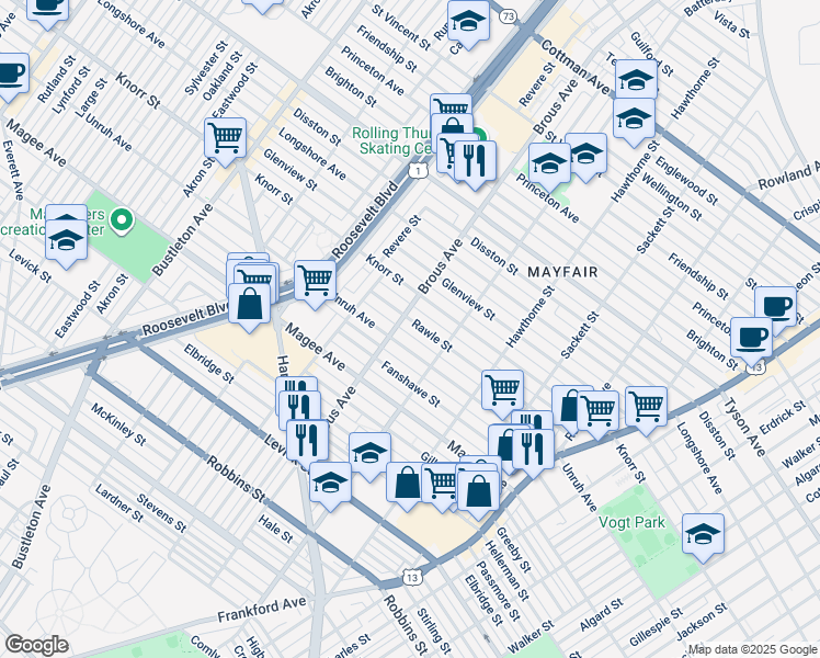 map of restaurants, bars, coffee shops, grocery stores, and more near 2910 Rawle Street in Philadelphia