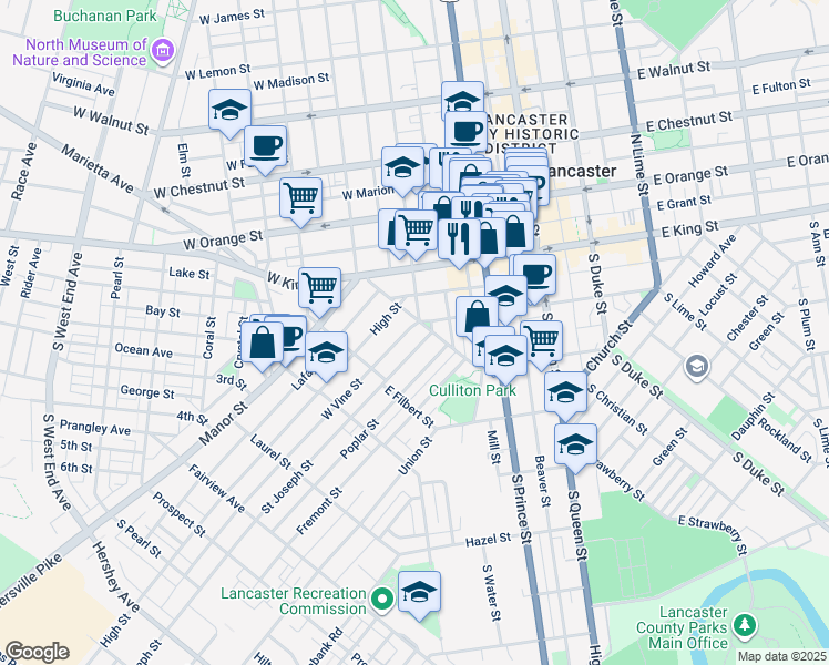 map of restaurants, bars, coffee shops, grocery stores, and more near 406 West Vine Street in Lancaster