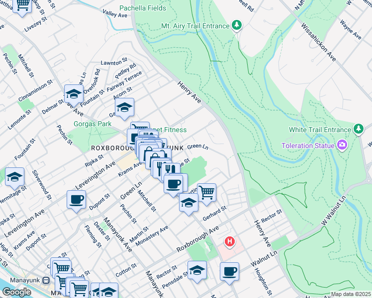 map of restaurants, bars, coffee shops, grocery stores, and more near 604 Green Ln in Philadelphia