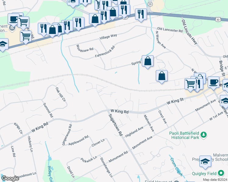 map of restaurants, bars, coffee shops, grocery stores, and more near 12 Landmark Drive in Malvern