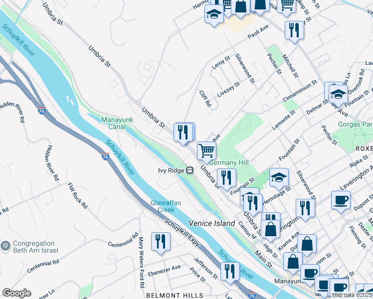 map of restaurants, bars, coffee shops, grocery stores, and more near 5000 Umbria Street in Philadelphia