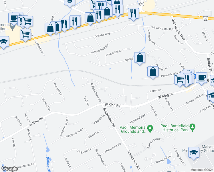 map of restaurants, bars, coffee shops, grocery stores, and more near 9 Landmark Drive in Malvern