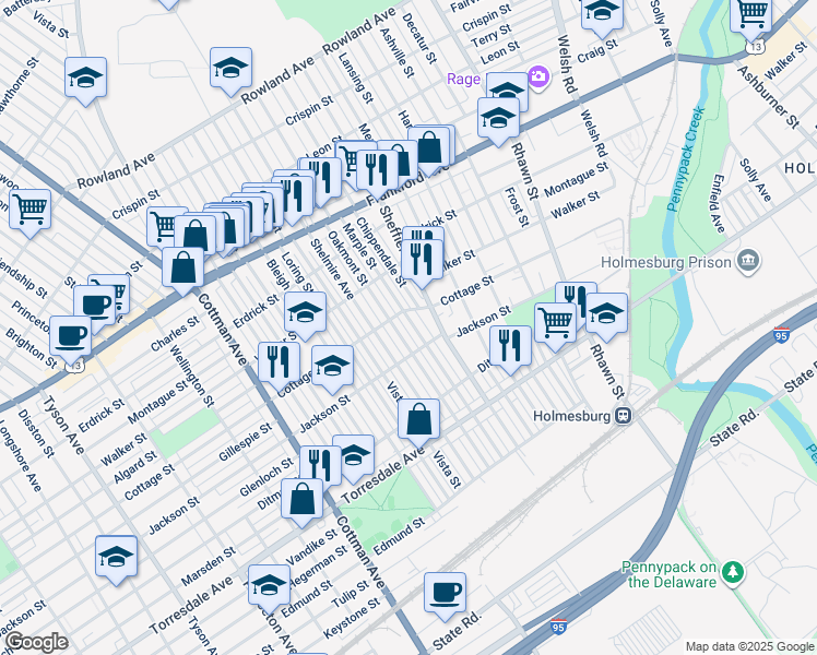 map of restaurants, bars, coffee shops, grocery stores, and more near 4416 Marple Street in Philadelphia