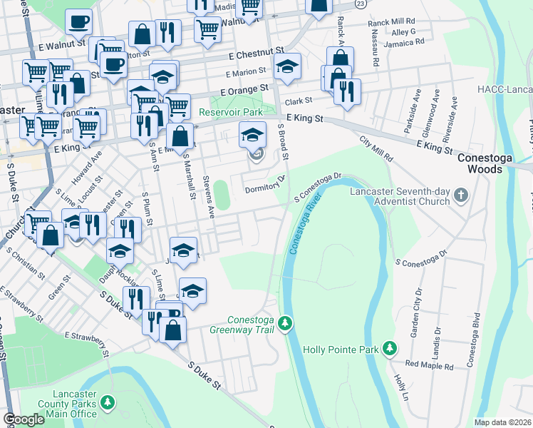 map of restaurants, bars, coffee shops, grocery stores, and more near 330 South Reservoir Street in Lancaster