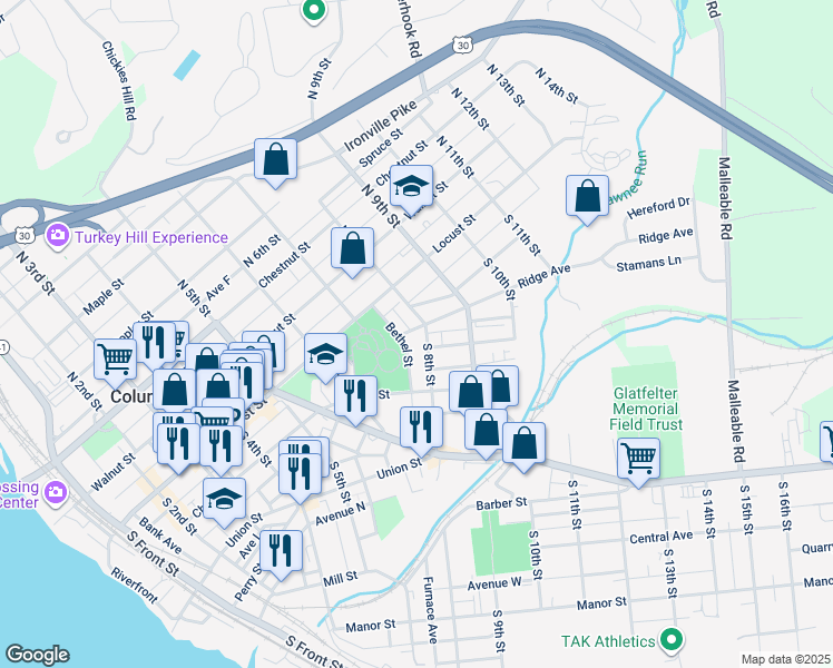 map of restaurants, bars, coffee shops, grocery stores, and more near 750 Ridge Avenue in Columbia